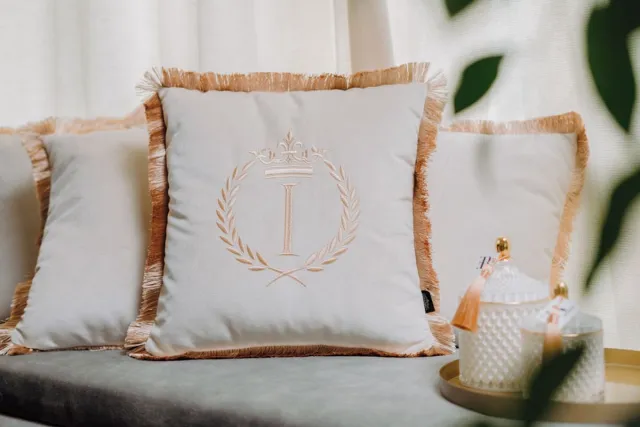 Sandra Mika Embroidered pillow / personalised pillow / monogram pillow / decorative cushion 40x 40 beige velvet letter I