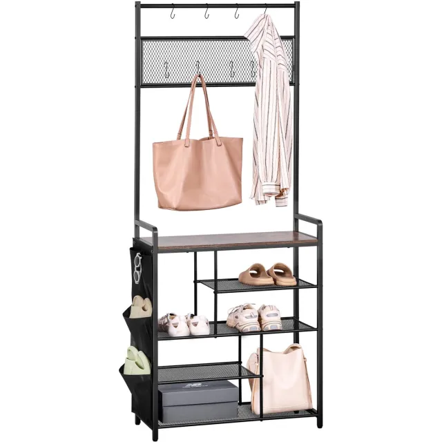 Vevor Multifunctionele Halkast (75 X 30 X 180 cm) met Schoenenrek en Haken, Kapstok met Zijvak, Kast met Stalen Frame, Geschikt voor Entree of Slaapkamer, Zwart