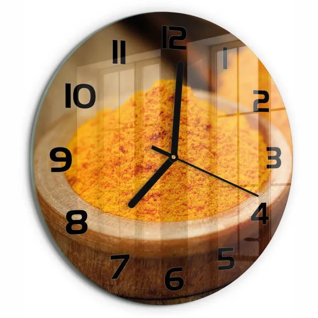 TULUP Wandklok - Kurkuma specerij Wandklok Glas Decoratie - fi30 cm - Oranje Gekleurde Glazen Klok - Zwarte handen - Ronde Klok - Klok Glas Met Opdruk - Moderne Wandklok Glas