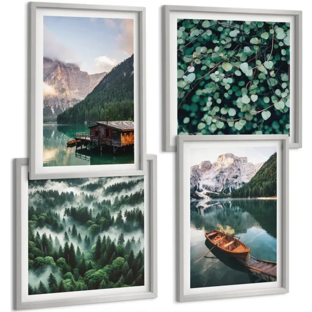 Coloray 4-Delige Schilderij Set - Berglandschap Met Een Meer, Een Boot En Een Bos In De Mist. - 40 x 40 cm En 40 x 60 cm - Wanddecoratie - Moderne Interieurdecoratie - Woonkamer Decoratie Zilveren lijst
