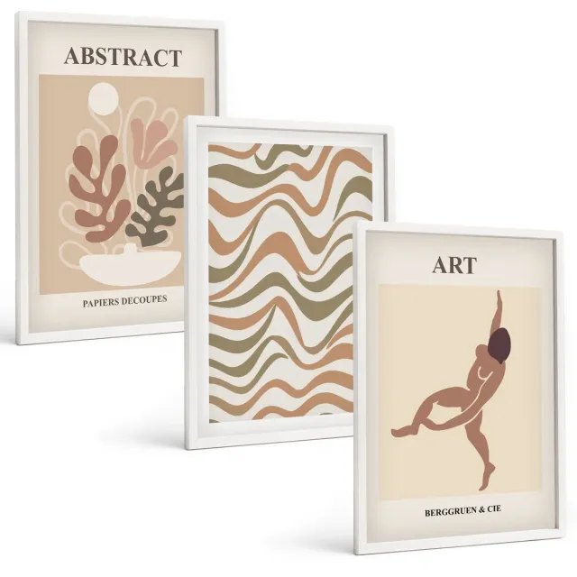 Coloray 3-Delige Schilderij Set - Matisse Boho Abstracte Vormen En Patronen - 40 x 60 - Decoratieve Schilderijen - Wanddecoratie - Hal - Stijlvolle Muurdecoratie Witte lijst