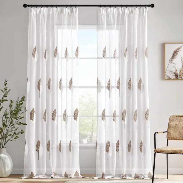 Ibenzoa Gordijnen met Plooiband en Borduurwerk voor Woonkamer en Slaapkamer, Set van 2, 245x140 cm Grote bladeren koffie