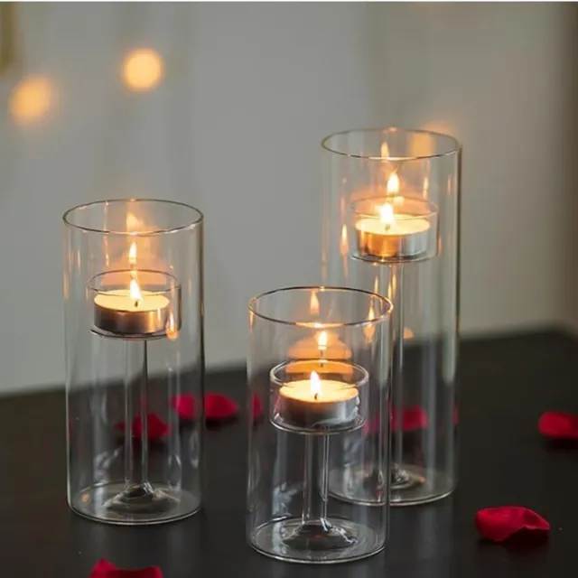Famanu Glazen kaarsenhouder set van 3 stuks, heldere theelicht kaarsenhouders voor tafelcentrepiece en feestelijke decoratie Transparant