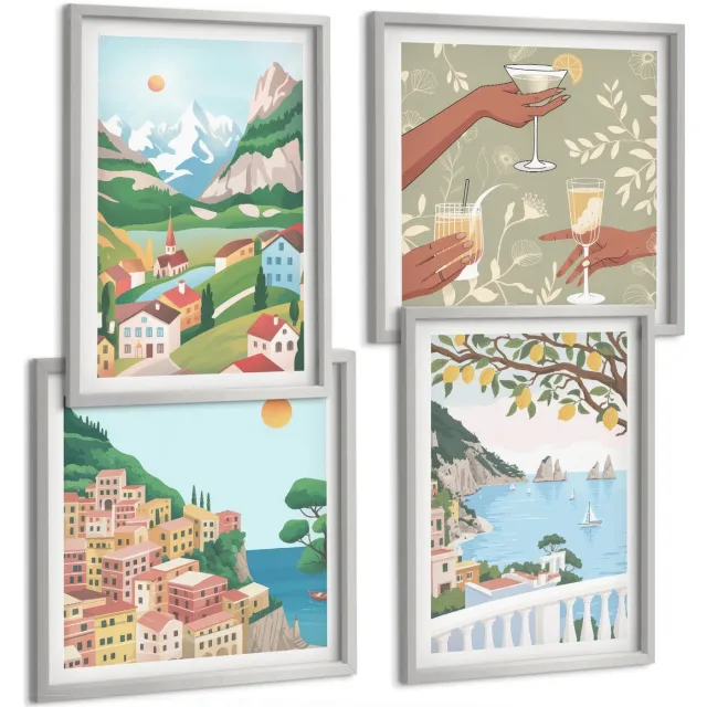 Coloray 4-Delige Schilderij Set - Uitzicht Op Zee Met Pastelkleurige Huizen - 40 x 40 cm En 40 x 60 cm - Wanddecoratie - Muurdecoratie - Moderne Interieurdecoratie - Interieur Decoratie Zilveren lijst