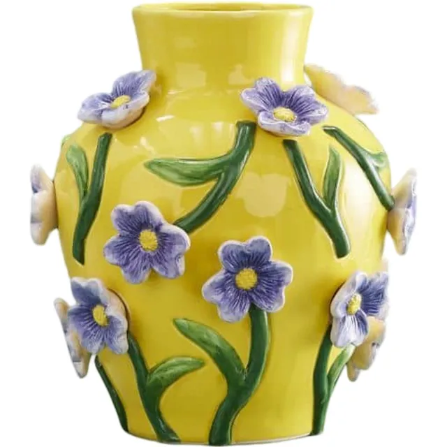 Dillewijn Zwapak Vaas Spring Flower | Keramiek | 28x28x30 cm | Geel met paarse bloemen