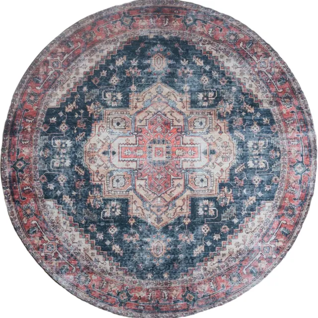 Veer Carpets Vloerkleed Nora Rood Rond ø200 cm - Laagpolig Vloerkleed – Vintage / Klassiek Design