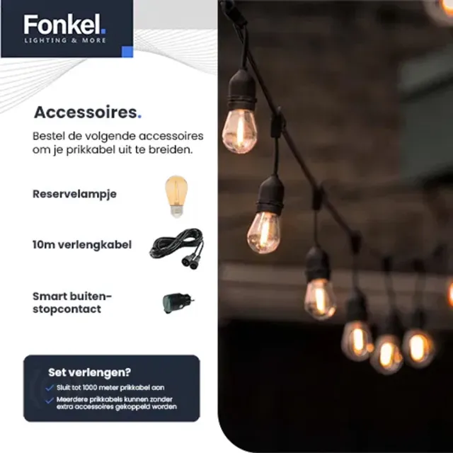 Fonkel 50m Arena Eco Prikkabel – Hangende lampen – Amber 2200K Lampjesslinger - Lichtsnoer - Sfeerverlichting Buiten en Binnen - Feestverlichting
