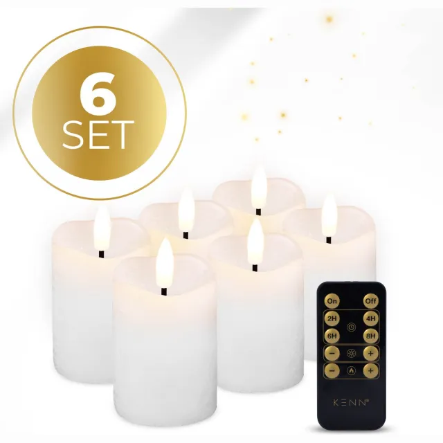 KENN LED Kaarsen op Batterijen – Echte Wax – Set van 6 – Rustiek Wit – Tot 300 Branduren – Met Afstandsbediening & Timer – Inclusief Batterijen – Mini Stompkaarsen – Realistisch flikkerende 3D Vlam – Kaarsen op Batterijen – Nep Kaarsen – Horeca