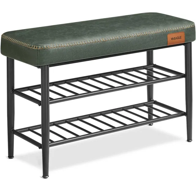 Vasagle Schoenenbank met Zitting – Groen Kunstleer & Zwart Metaal – Industrieel Halbank– Met 2 Legplanken – 30x80x50cm