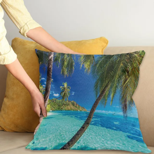 ABAKUHAUS Tropisch Kussenhoes, Palmen, Zee, Strand, Digitale Print, Waterbestendig, Kleurecht, Wasbare Kussenhoes met Ritssluiting, 40 x 40 cm, Turquoise Blauw