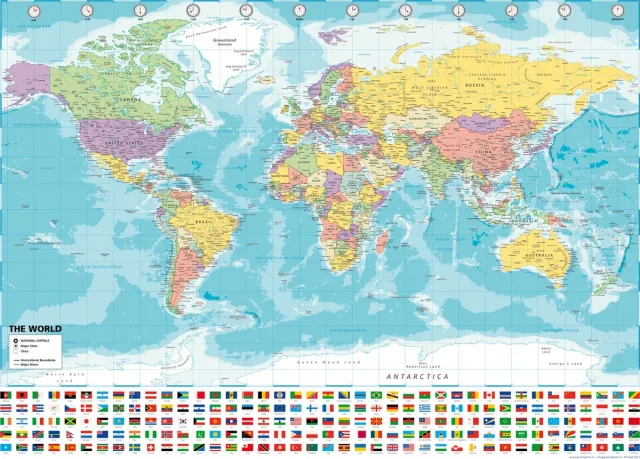 Wereldkaart Posterpoint Wereldkaart met vlaggen poster - formaat 70 x 100cm - werelddelen - blauw multi