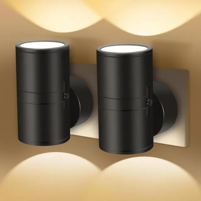SSTRWGOOD LED Nachtlampen - Wandcontactdoos Montage - 0-80 Lumen Dimbaar - Warm Wit Licht - Moderne - Voor Slaapkamer en Gang - Eenvoudige Installatie - 2 Pack - Zwart