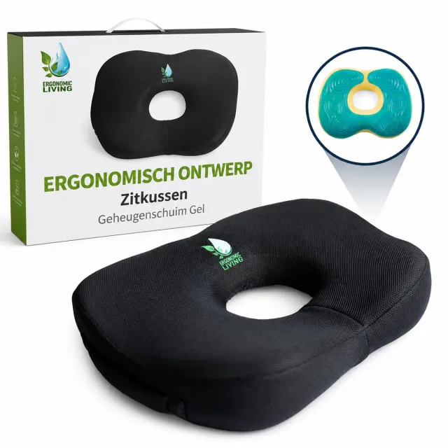 Ergonomic Living Donut Gel Zitkussen – Orthopedisch & Ergonomisch Stuitkussen – Koelend Ringkussen - Traagschuim Zwart