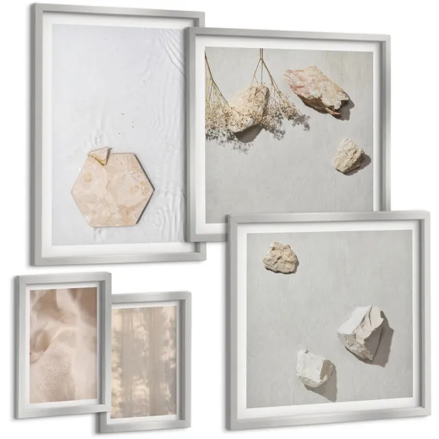 TULUP 4-Delige Schilderij Set - Subtiele texturen in een natuurlijke boho-stijl - 50 x 50 cm, 20 x 30 cm en 40 x 60 cm - Decoratieve Schilderijen - Woonkamer - Interieur - Moderne Wanddecoratie Zilveren lijst