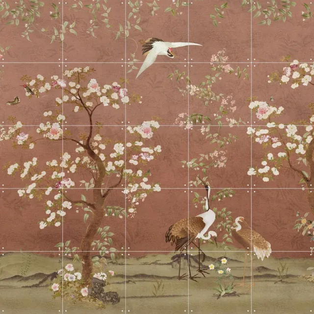 IXXI Chinoiserie Birds And Blossom Trees Terracotta, Bloomery Decor - 100 x 100 cm - Grote wanddecoratie en posters - Fantasierijk, Decoratieve Warme kleuren / Rood / Roze