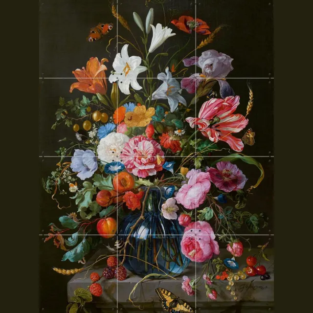 IXXI Vaas met bloemen, Jan Davidsz. De Heem & Mauritshuis - 60 x 80 cm - Grote wanddecoratie en posters - Naturalisme, Olieverf, Klassiek, Eetkamer Roze / Donkere tinten / Warme kleuren