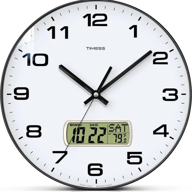 Adelair klok - Wandklok - Kalenderklok - Klokken - Digitaal - Temperatuurweergave - Batterijen - Modern - 30,5cm - Wit - Zwart
