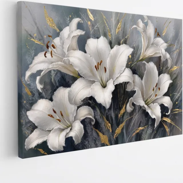Saammp Canvas Schilderij - Witte Bloemen met goud - blauw - Bloemen - Abstract - 70x50 - Foto op canvas - Wanddecoratie - Muurdecoratie Woonkamer - Kantoor Decoratie Multicolor