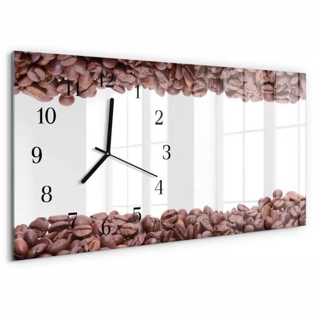 TULUP Wandklok - Koffiebonen Decoratieve Glazen Klok - 60x30 cm - Bruin Glazen Wandklok Design - Zwarte Handen - Rechthoekige Wandklok - Gekleurde Glazen Klok - Glazen Klok Met Print Bruin - Koffiebonen