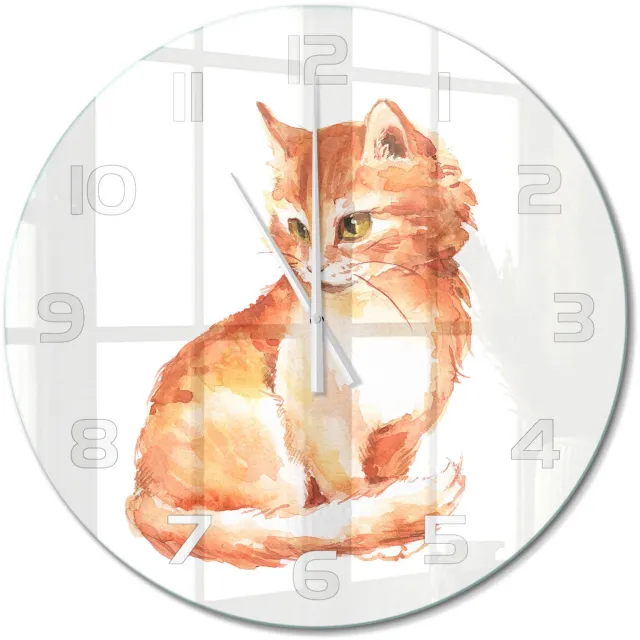 TULUP Wandklok - Rode Kat Decoratieve Glazen Klok - fi60 cm - Oranje Glazen Wandklok Design - Witte handen - Ronde Klok - Glazen Klok Met Print - Wandklok Glas Met Motief