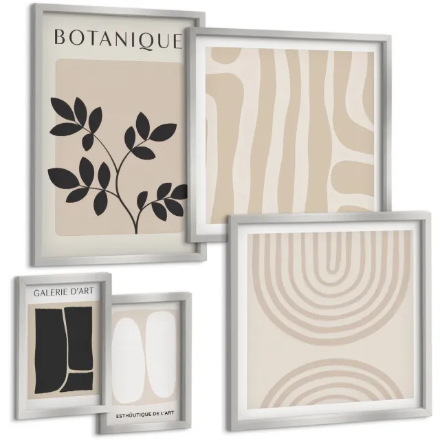 Coloray 5-Delige Schilderij Set - Abstracte Patronen In Beige En Grijze Tinten. - 20 x 30 cm - Schilderijen Set - Wanddecoratie - Woonkamer - Interieur Decoratie Zilveren lijst