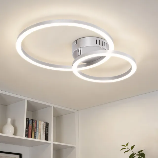 NETTLIFE LED Plafondlamp - 40cm - Zilver - 23W - 4000K - Modern 2-Ringen Design - Slaapkamerlamp & Woonkamerlamp - Plafondverlichting voor Keuken | Slaapkamer | Gang | Kantoor