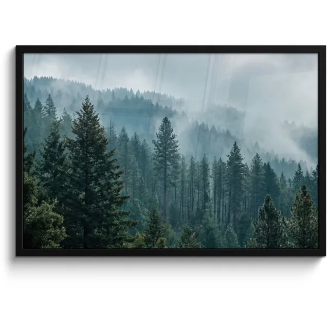 FrameYourWall Poster in lijst - Fotolijst 90x60 cm - Posters - Naaldwoud - Bergen - Mist - Posterlijst zwart - Decoratie - Wanddecoratie woonkamer - Muurdecoratie slaapkamer
