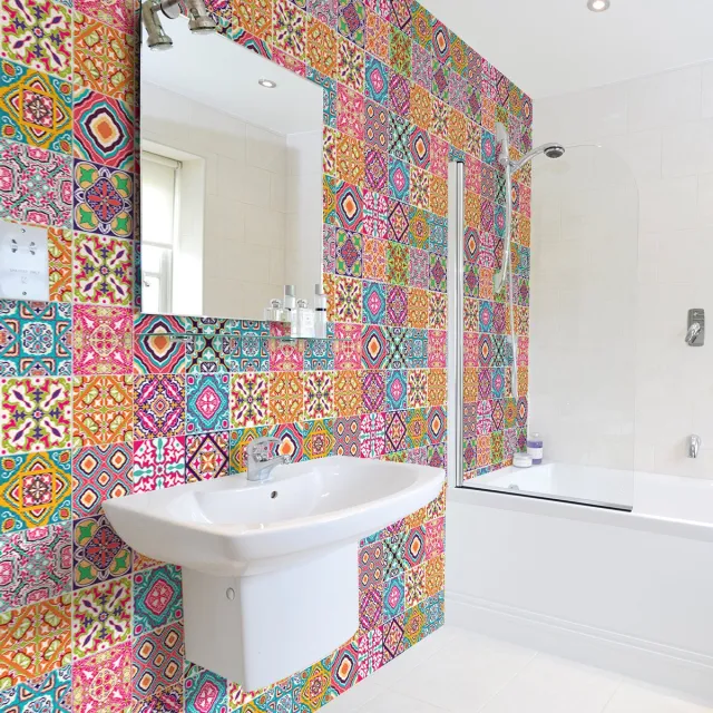 Ambiance Sticker Zelfklevende tegelmuurstickers voor keuken en badkamer - 30 cementtegelstickers, Azulejos Adelma - 30 stickers, 15x15cm Multi color
