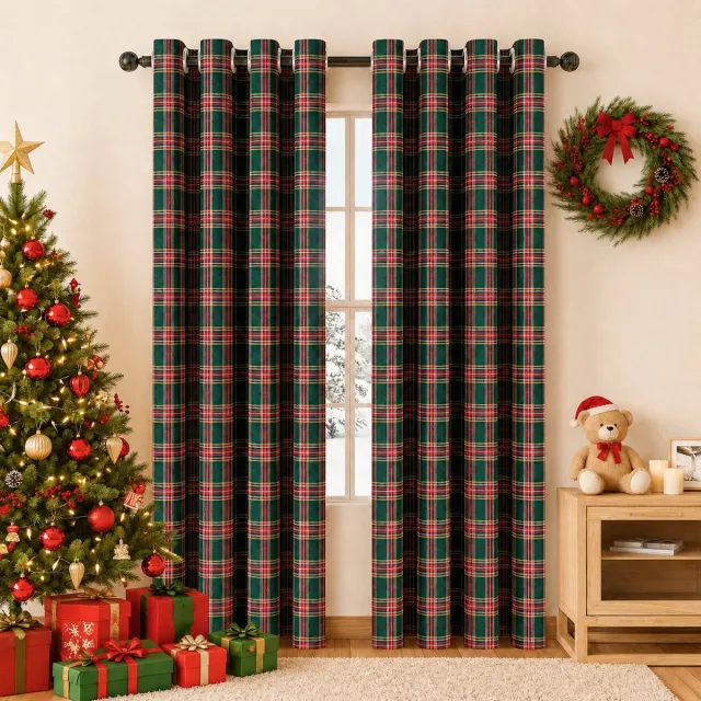 LAPAMAX Vintage Kerst gordijn met Ruitjes - Kant-en-Klaar Gordijn met Ringen - gordijnen verduisterend 50-70% voor Woonkamer, Slaapkamer en Keuken - Kerstdecoratie - Rood-Groen - 132 x 160 cm (B x H) - 1 Stuk Rood-groen-1 stuk
