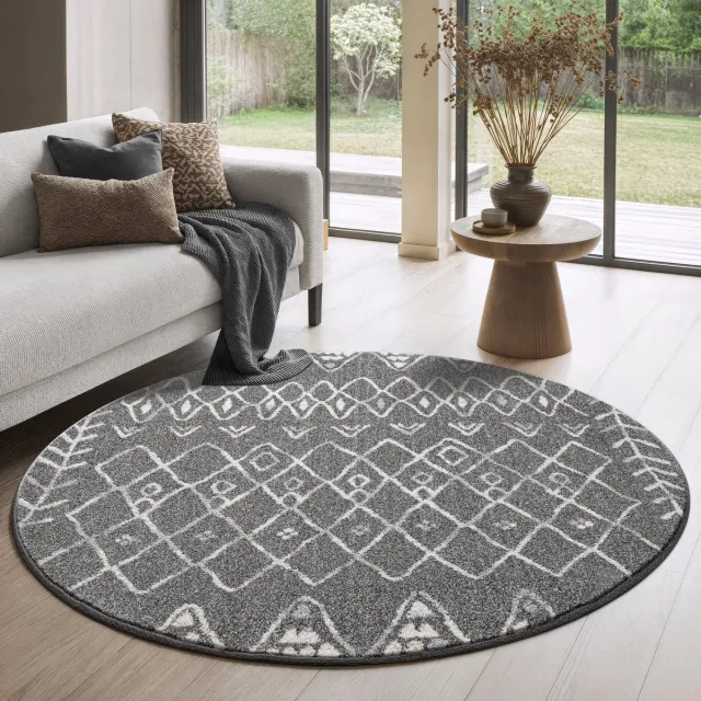 Muratap Boho Rond Vintage Laagpolig Vloerkleed Grijs- 200 CM Ø