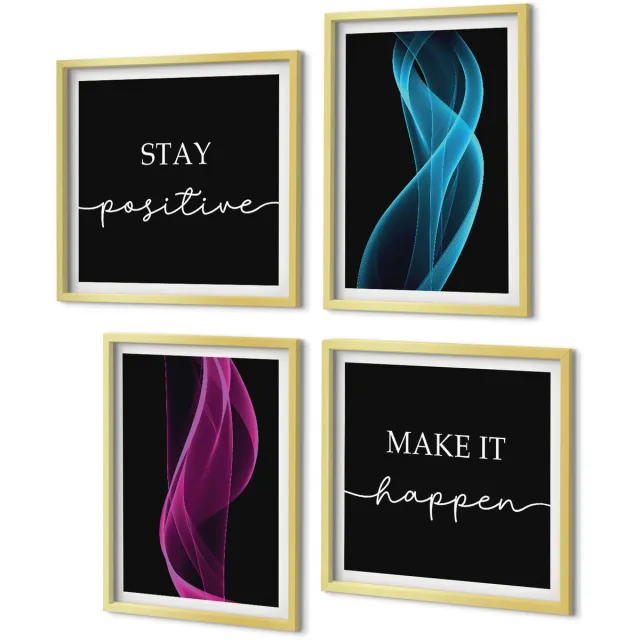 Coloray 4-Delige Schilderij Set - Golven van kleurrijke neonlijnen op een donkere achtergrond - 40 x 40 cm en 40 x 60 cm - Wanddecoratie - Schilderijen Set - Kantoor - Decoratieve Schilderijen Gouden lijst
