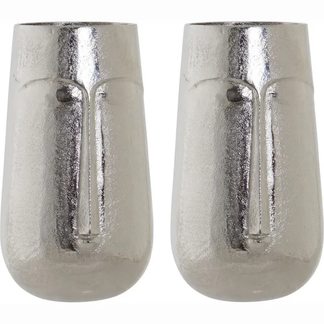 Item International Set van 2x stuks bloemenvaas zilver van aluminium met gezicht 16 x 6 x 28 cm - Bloemen of takken vaas voor binnen