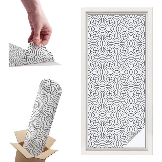 TULUP Raamfolie Anti inkijk - Geometrische halve cirkels Privacy Folie Raam - 50x116 cm - Zwart-wit Anti inkijk Folie - Raamfolie Tegen inkijk Glas in Lood - Voor de woonkamer, voor het kantoor, voor de slaapkamer - Raamfolie Zonwering Zwart-wit - Geometrische halve cirkels