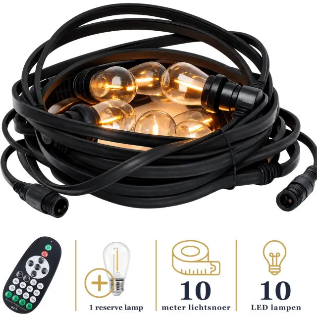 Odaily Platte Prikkabel - 10 Meter - 10 LED Lampen - Warm Wit - IP65 Lichtsnoer - Dimbaar - Premium Kwaliteit