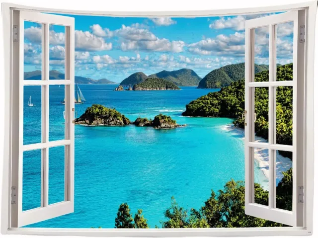 Ulticool Wandkleed 200x150 cm – Natuur Zee Strand Bergen – Inclusief Bevestigingspinnen - Tuinposter doorkijk - Poster Wandtapijt Tapestry - voor Binnen en Buiten - Vrouw Mannen Gadget Tiener Meisje Jongen Groen