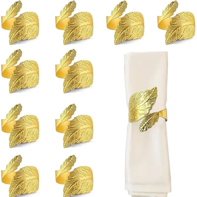 Famanu Set van 10 gouden servetringen, metalen servettenhouders met bladeren, ideaal voor kerst, bruiloften en feestelijke diners