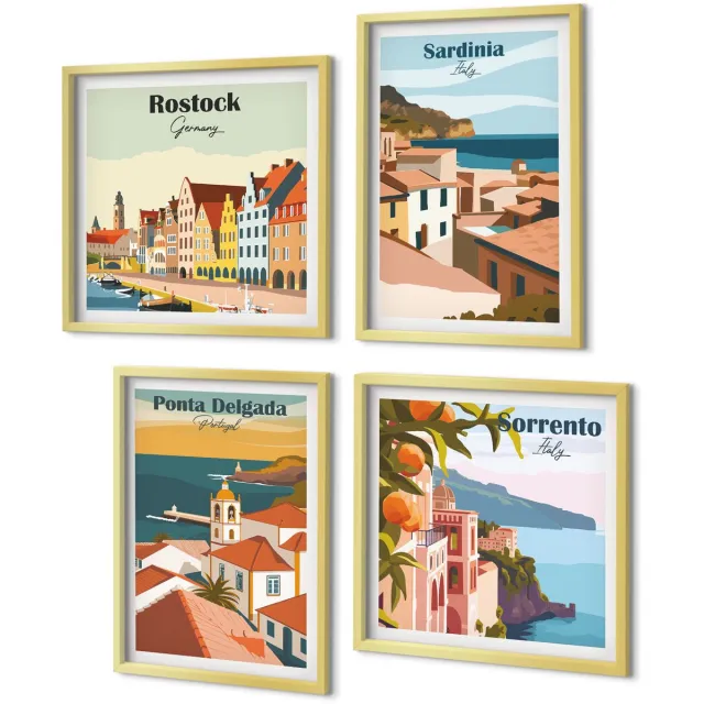 Coloray 4-Delige Schilderij Set - Uitzichten op Europese kust- en havensteden - 40 x 40 cm en 40 x 60 cm - Stijlvolle Muurdecoratie - Kantoor - Interieur Decoratie Gouden lijst