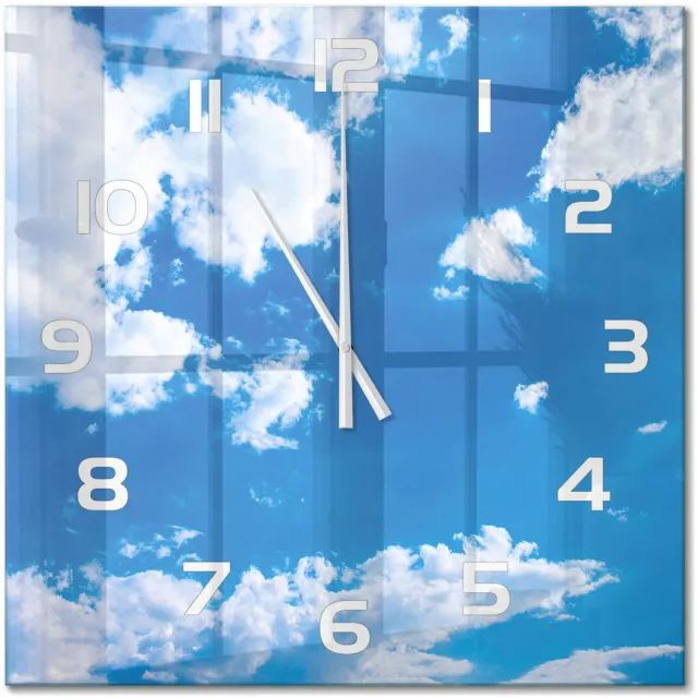 TULUP Wandklok - Wolken aan de hemel Wandklok Glas Decoratie - 60x60 cm - Blauw Gekleurde Glazen Klok - Witte handen - Vierkante Klok - Klok Glas Met Opdruk - Moderne Wandklok Glas