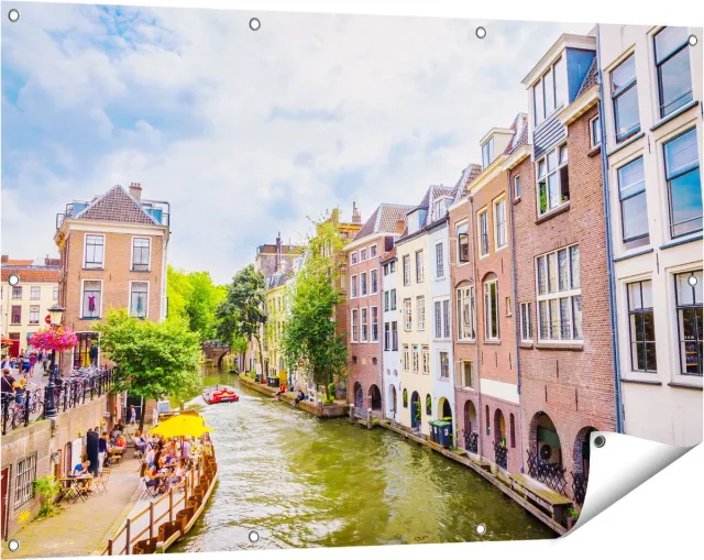 Gards Tuinposter Huizen aan de Oudegracht in Utrecht - 120x80 cm - Tuindoek - Tuindecoratie - Wanddecoratie buiten - Tuinschilderij Multikleur