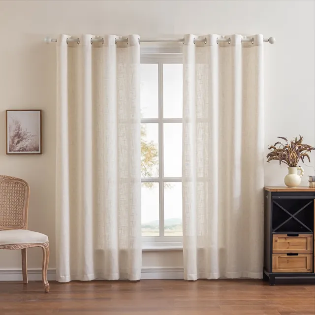 Floraweg Semi-transparante gordijnen van poly-linnen met textuur en kruisslobs, effen gordijnen met zeilringen voor openslaande deuren, beige,roedezakken,132x270cm