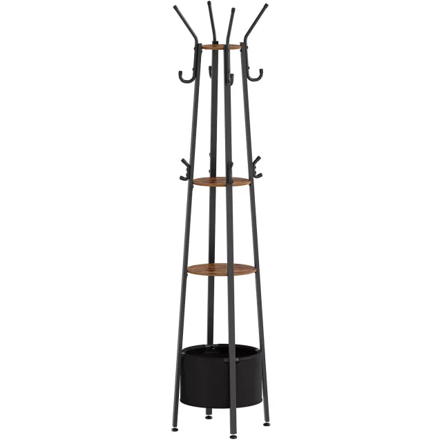 Whoopr® Staande Kapstok 182,5 cm – Metalen Kapstok met 16 Haken, 3 Opbergplanken & Grote Opbergmand – Vrijstaande Kledingstandaard met Hoedenrek – Industriële Kapstok voor Hal, Entree & Slaapkamer – Zwart/Bruin