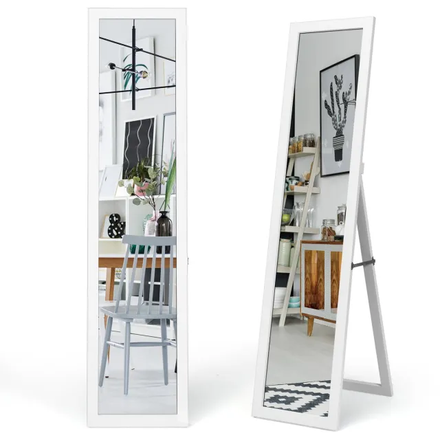 Costway Staande spiegel, 155 x 37 cm grote spiegel met houten frame, houten spiegel vrijstaand, moderne wandgemonteerde vloerspiegel voor slaapkamer, woonkamer en ingang Wit