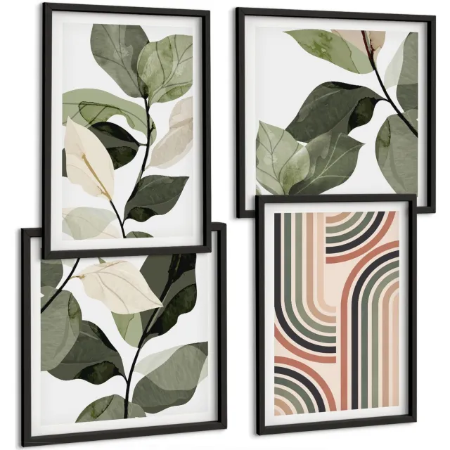 Coloray 4-Delige Schilderij Set - Plantmotieven Met Geometrische Patronen In Groene Tinten - 40 x 40 cm En 40 x 60 cm - Wanddecoratie - Moderne Interieurdecoratie - Moderne Wanddecoratie Zwarte lijst