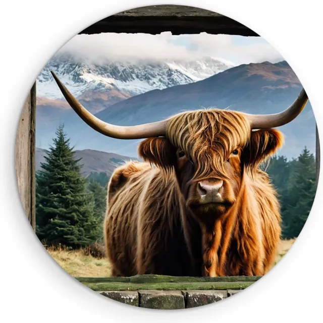 Saammp Forex Muurcirkel - Schotse hooglander Koe - Doorkijk - Dieren - Ø 80 - Wandcirkel - Wanddecoratie Cirkel - Muurdecoratie Woonkamer - Slaapkamer decoratie - Rond Schilderij