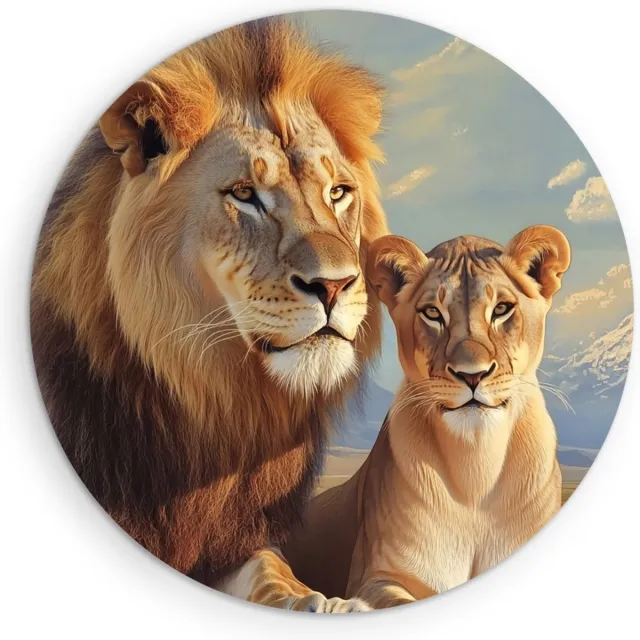 Saammp Forex Muurcirkel - Leeuw en Leeuwin met de Kilimanjaro achter zich - Dieren - Natuur - Ø 70 - Wandcirkel - Wanddecoratie Cirkel - Muurdecoratie Woonkamer - Slaapkamer decoratie - Rond Schilderij