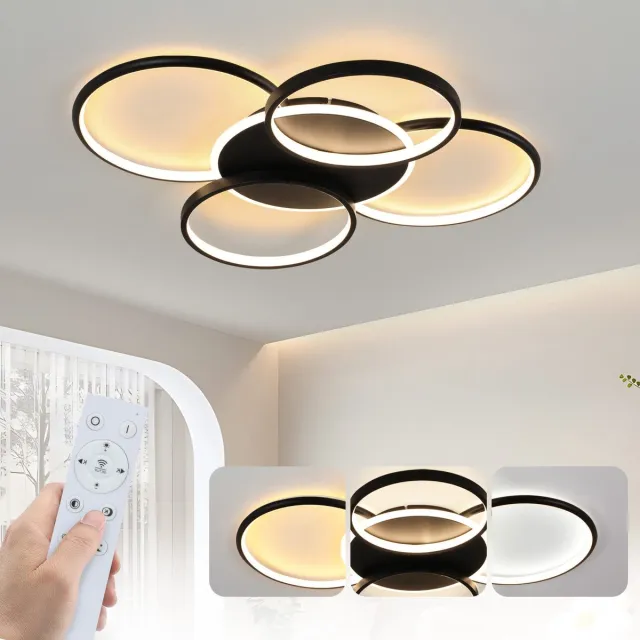 NETTLIFE Plafondlamp LED – zwart – Ringe Design - 5-lichts – Metaal – Dimbaar - 70W - Moderne Plafondverlichting – 67cm - Met Afstandsbediening – voor Woonkamer | Slaapkamer | Eetkamer