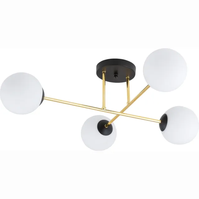 Emibig Medium plafondlamp messing en zwart met witte glazen bollen 4x E14 - Perfecte verlichting voor elke ruimte Messing, Zwart