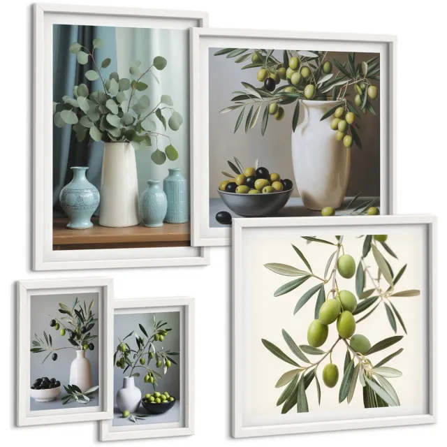 TULUP 4-Delige Schilderij Set - Groene olijven in vazen: stijlvolle keukendecoratie - 50 x 50 cm, 20 x 30 cm en 40 x 60 cm - Muurdecoratie - Wanddecoratie - Slaapkamer Witte lijst