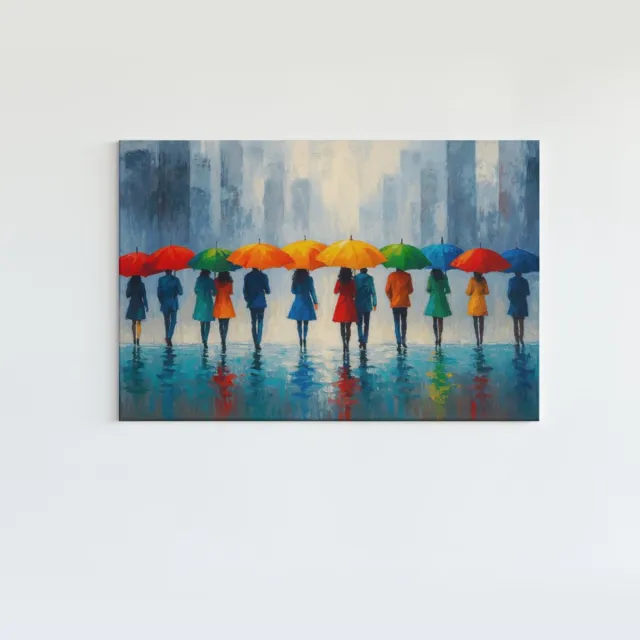 Trendex Global Canvas Schilderij - Kunst - Gekleurde paraplu's in de regen - Wanddecoratie - Woonkamer - Slaapkamer - 60x40 cm Kleurrijk