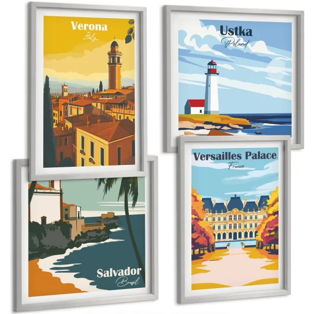 TULUP 4-Delige Schilderij Set - Uitzichten op beroemde plekken aan zee en in steden - 40 x 40 cm en 40 x 60 cm - Wanddecoratie - Moderne Interieurdecoratie - Woonkamer Decoratie Zilveren lijst